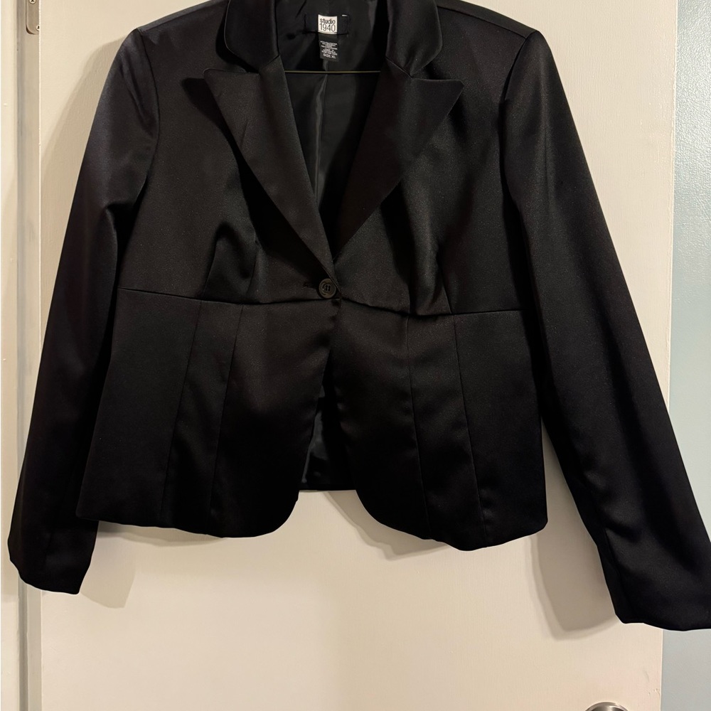 Black satin blazer. Business dress or dressy.  One button